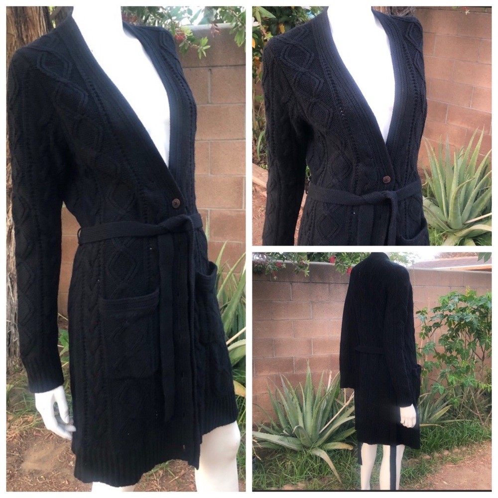 Halogen Belted knit long cardigan. Black